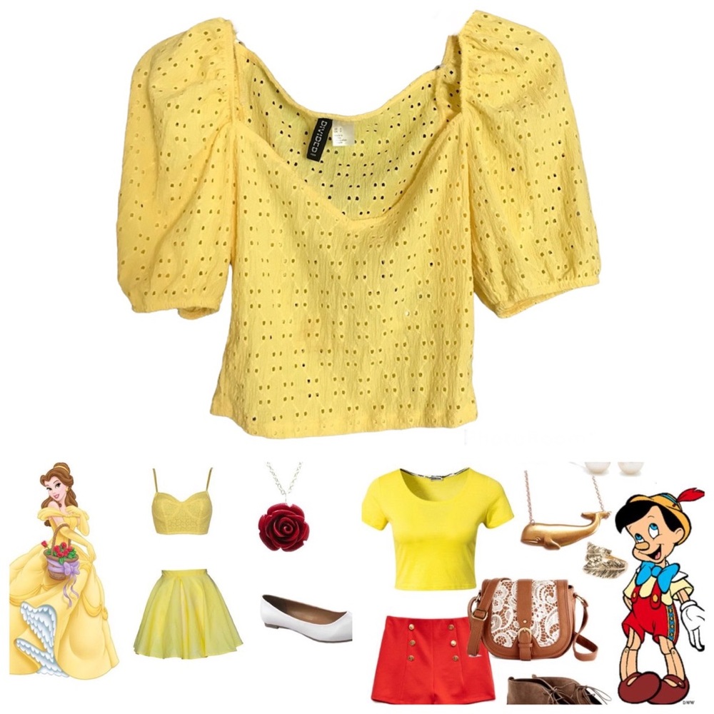 Belle Disney bound yellow eyelet cropped puff sleeve top size small